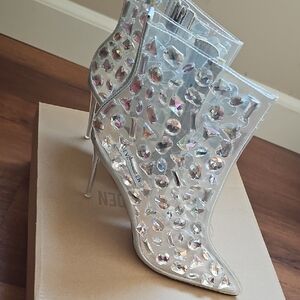 Clear Rhinestone-Embellished Stiletto Boots